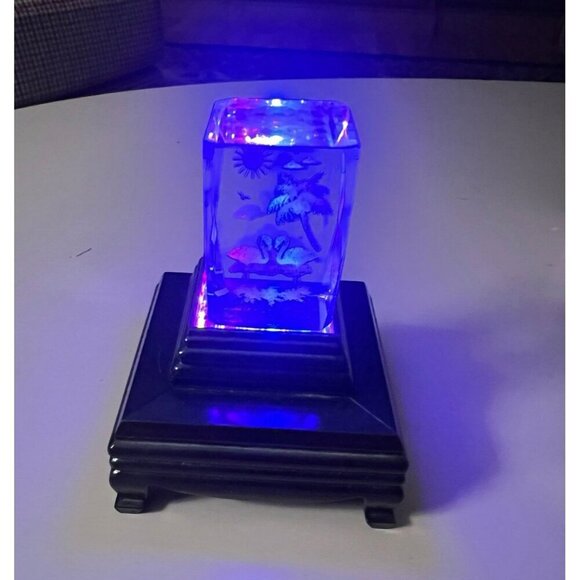 Vintage Flamingo and Palm Tree Etched Crystal Glass Block with Color Light Stand - Picture 2 of 9